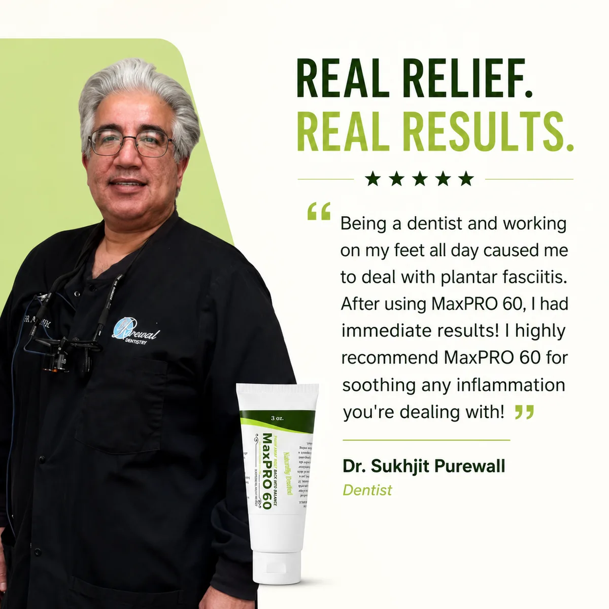 Dr. Sukhjit Purewall, dentist, holding MaxPRO 60